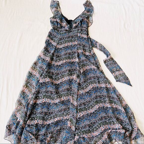 Womens Dress Maxi Summer Flowy Deep Vneck Floral Fashion Sleeveless Ruffle Small - Picture 1 of 4